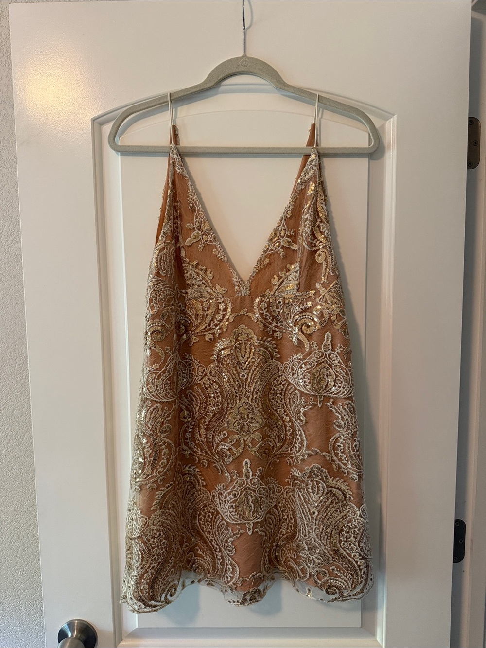 Free People Camel Mini Slip Dress with Gold Embroidery